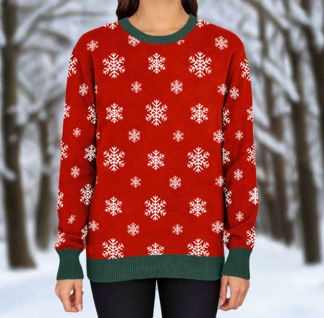 Women's Christmas Snowflake Sweater Green Trim