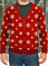 Load image into Gallery viewer, Love to Sing Christmas Knitted Cardigan with Snowflakes Red Trim 
